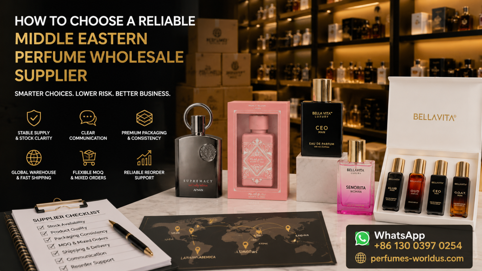 How to Choose a Reliable Middle Eastern Perfume Wholesale Supplier Wholesale Middle Eastern perfumes displayed with supplier checklist and contact information in a professional B2B fragrance environment.