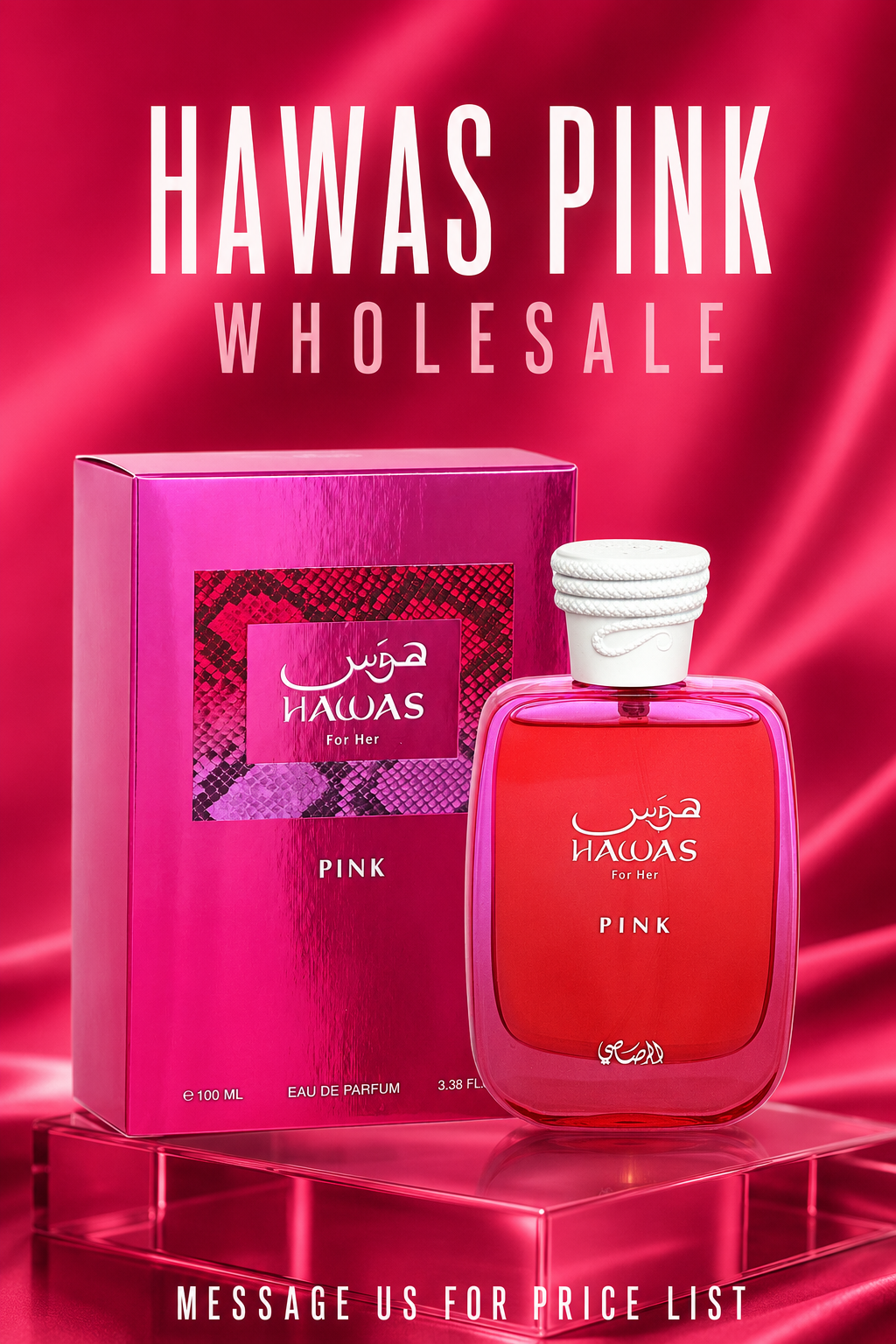 Rasasi Hawas Pink 100ml bottle and pink box on a wholesale Pinterest graphic
