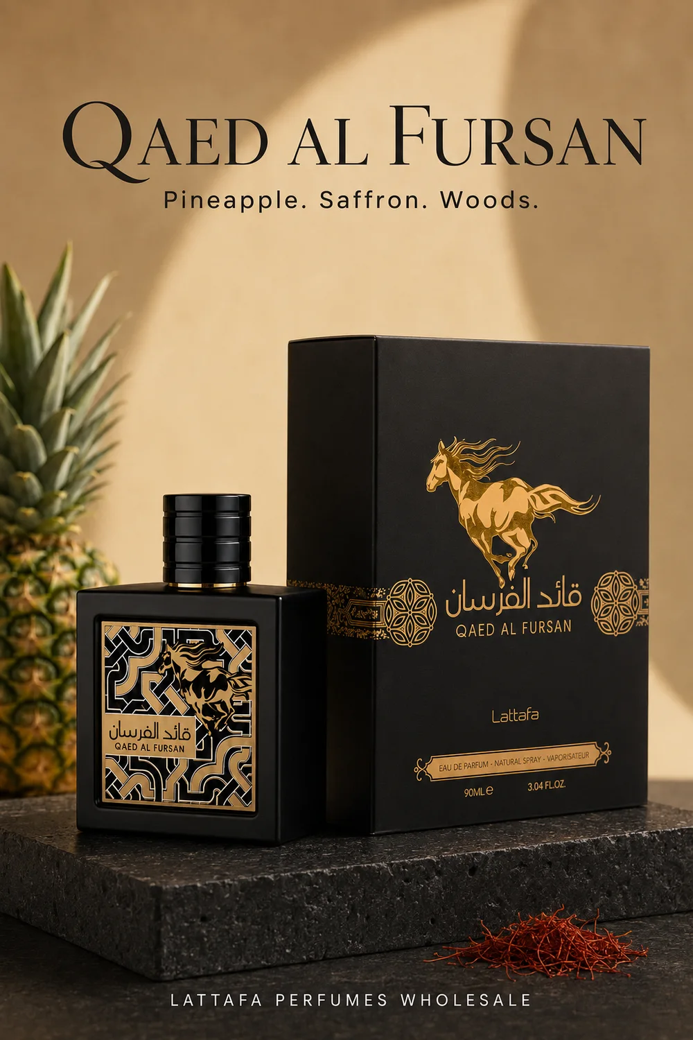 Lattafa Qaed Al Fursan Black: Pineapple and Oud Perfume Wholesale Guide Qaed Al Fursan Black bright product scene