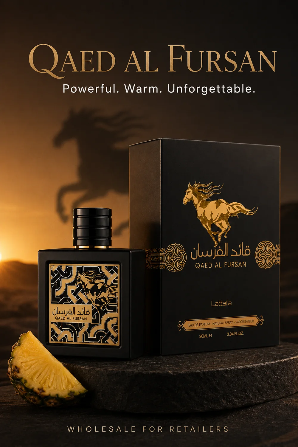 Lattafa Qaed Al Fursan Black: Pineapple and Oud Perfume Wholesale Guide Qaed Al Fursan Black desert-inspired presentation